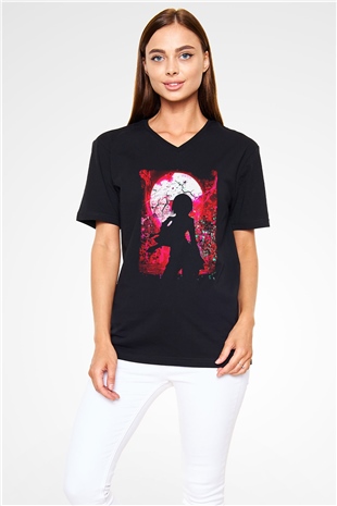 Attack On Titan Baskılı Unisex Siyah V Yaka Tişört - Tshirt