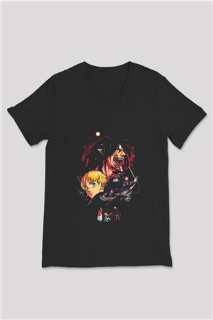 Attack On Titan Baskılı Unisex Siyah V Yaka Tişört - Tshirt
