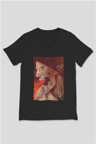 Attack On Titan Baskılı Unisex Siyah V Yaka Tişört - Tshirt