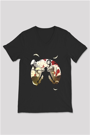 Attack On Titan Baskılı Unisex Siyah V Yaka Tişört - Tshirt