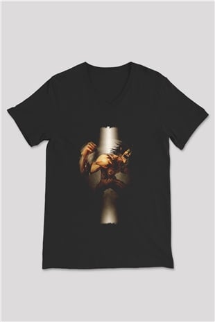 Attack On Titan Baskılı Unisex Siyah V Yaka Tişört - Tshirt