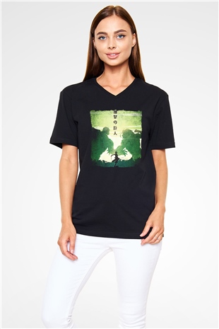 Attack On Titan Baskılı Unisex Siyah V Yaka Tişört - Tshirt