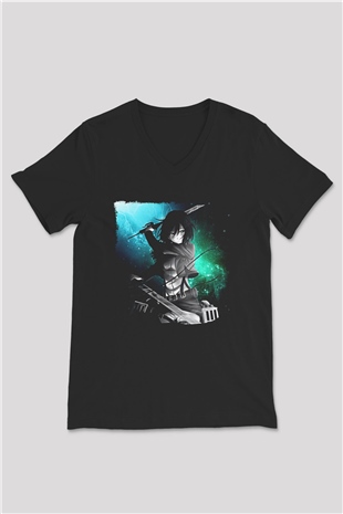 Attack On Titan Baskılı Unisex Siyah V Yaka Tişört - Tshirt
