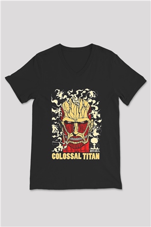 Attack On Titan Baskılı Unisex Siyah V Yaka Tişört - Tshirt