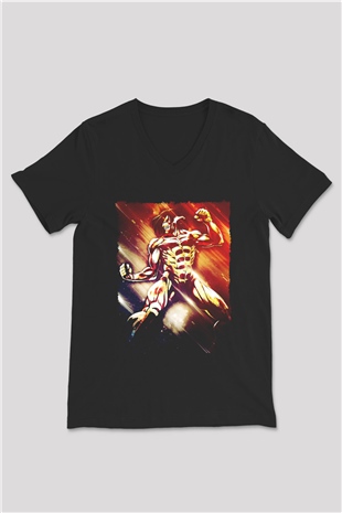 Attack On Titan Baskılı Unisex Siyah V Yaka Tişört - Tshirt