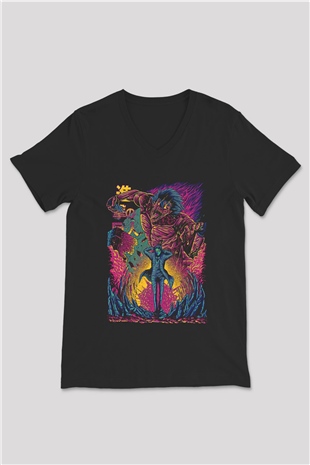 Attack On Titan Baskılı Unisex Siyah V Yaka Tişört - Tshirt