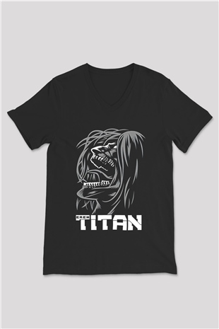Attack On Titan Baskılı Unisex Siyah V Yaka Tişört - Tshirt