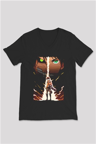 Attack On Titan Baskılı Unisex Siyah V Yaka Tişört - Tshirt
