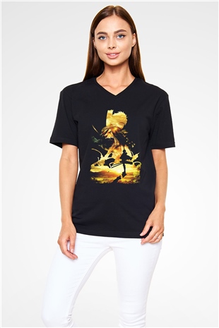 Attack On Titan Baskılı Unisex Siyah V Yaka Tişört - Tshirt