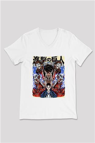 Attack On Titan Baskılı Unisex Siyah V Yaka Tişört - Tshirt