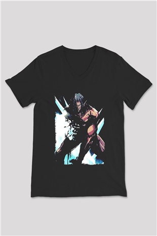 Attack On Titan Baskılı Unisex Siyah V Yaka Tişört - Tshirt