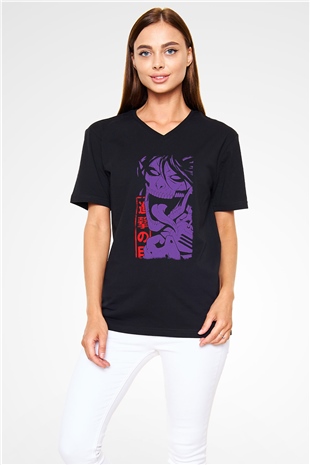 Attack On Titan Baskılı Unisex Siyah V Yaka Tişört - Tshirt