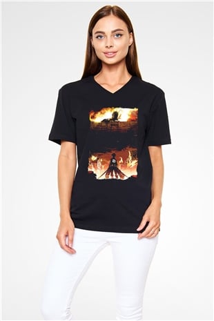 Attack On Titan Baskılı Unisex Siyah V Yaka Tişört - Tshirt