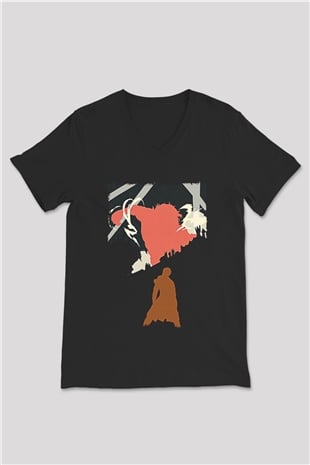 Attack On Titan Baskılı Unisex Siyah V Yaka Tişört - Tshirt