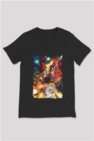 Attack On Titan Baskılı Unisex Siyah V Yaka Tişört - Tshirt