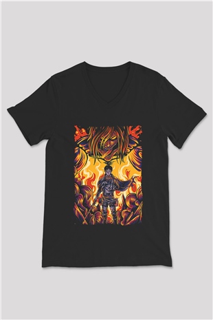 Attack On Titan Baskılı Unisex Siyah V Yaka Tişört - Tshirt