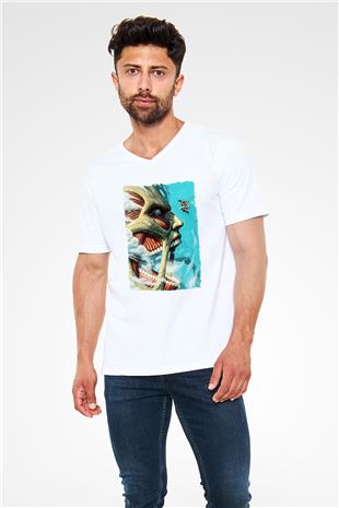 Attack On Titan Baskılı Unisex Siyah V Yaka Tişört - Tshirt