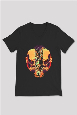 Attack On Titan Baskılı Unisex Siyah V Yaka Tişört - Tshirt