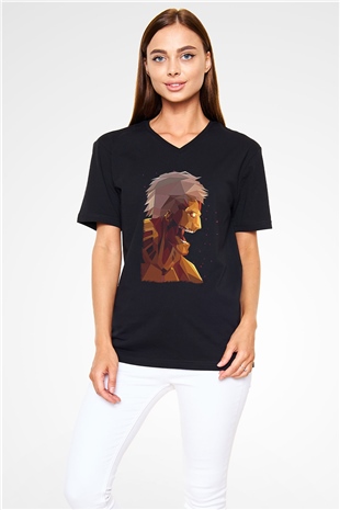 Attack On Titan Baskılı Unisex Siyah V Yaka Tişört - Tshirt