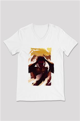 Attack On Titan Baskılı Unisex Siyah V Yaka Tişört - Tshirt