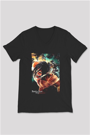 Attack On Titan Baskılı Unisex Siyah V Yaka Tişört - Tshirt