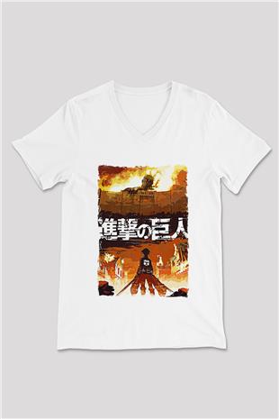 Attack On Titan Baskılı Unisex Siyah V Yaka Tişört - Tshirt