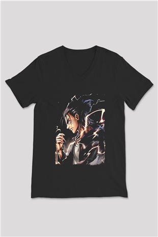 Attack On Titan Baskılı Unisex Siyah V Yaka Tişört - Tshirt