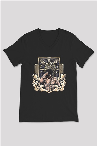 Attack On Titan Baskılı Unisex Siyah V Yaka Tişört - Tshirt