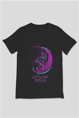 Attack On Titan Baskılı Unisex Siyah V Yaka Tişört - Tshirt