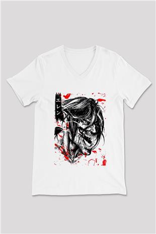 Attack On Titan Baskılı Unisex Siyah V Yaka Tişört - Tshirt
