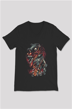 Attack On Titan Baskılı Unisex Siyah V Yaka Tişört - Tshirt