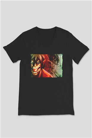 Attack On Titan Baskılı Unisex Siyah V Yaka Tişört - Tshirt
