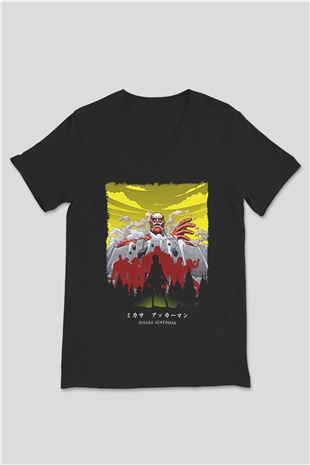 Attack On Titan Baskılı Unisex Siyah V Yaka Tişört - Tshirt