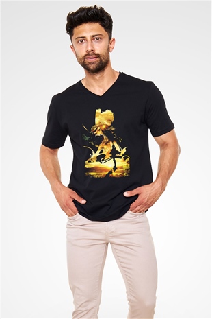 Attack On Titan Baskılı Unisex Siyah V Yaka Tişört - Tshirt
