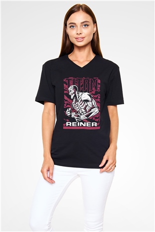 Attack On Titan Baskılı Unisex Siyah V Yaka Tişört - Tshirt