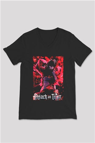 Attack On Titan Baskılı Unisex Siyah V Yaka Tişört - Tshirt