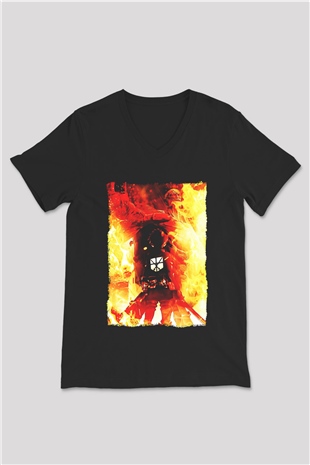 Attack On Titan Baskılı Unisex Siyah V Yaka Tişört - Tshirt
