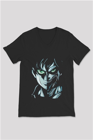 Attack On Titan Baskılı Unisex Siyah V Yaka Tişört - Tshirt
