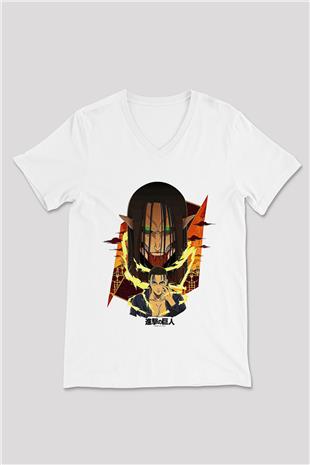 Attack On Titan Baskılı Unisex Siyah V Yaka Tişört - Tshirt