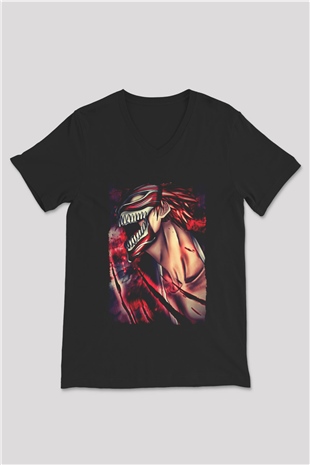 Attack On Titan Baskılı Unisex Siyah V Yaka Tişört - Tshirt
