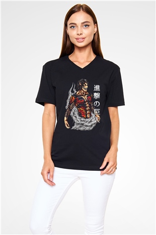 Attack On Titan Baskılı Unisex Siyah V Yaka Tişört - Tshirt