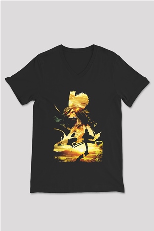 Attack On Titan Baskılı Unisex Siyah V Yaka Tişört - Tshirt