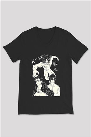 Attack On Titan Baskılı Unisex Siyah V Yaka Tişört - Tshirt