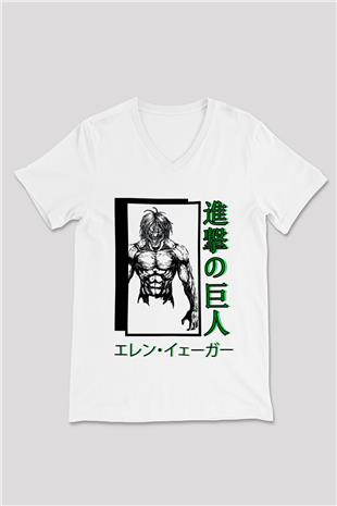 Attack On Titan Baskılı Unisex Siyah V Yaka Tişört - Tshirt