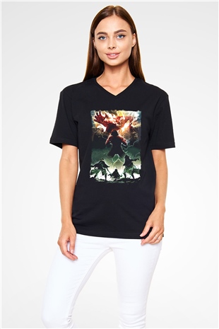 Attack On Titan Baskılı Unisex Siyah V Yaka Tişört - Tshirt