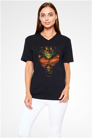 Attack On Titan Baskılı Unisex Siyah V Yaka Tişört - Tshirt