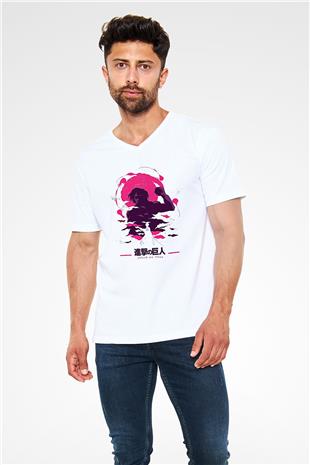 Attack On Titan Baskılı Unisex Siyah V Yaka Tişört - Tshirt