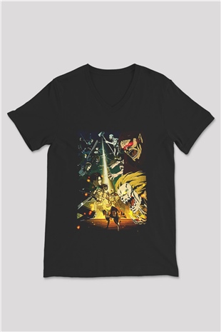 Attack On Titan Baskılı Unisex Siyah V Yaka Tişört - Tshirt