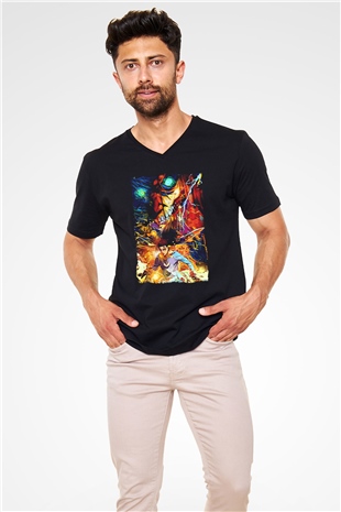 Attack On Titan Baskılı Unisex Siyah V Yaka Tişört - Tshirt