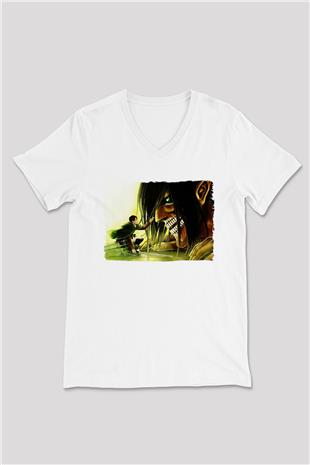 Attack On Titan Baskılı Unisex Siyah V Yaka Tişört - Tshirt